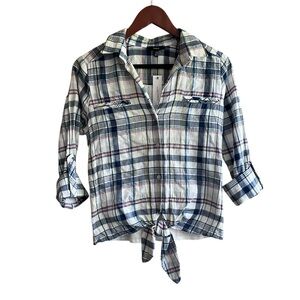 DREW Plaid Tie-Front Button Down Blouse - XS